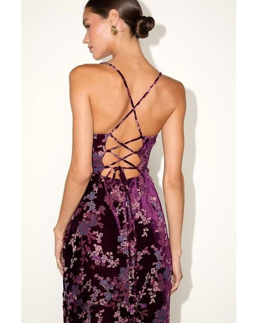 Lulus Red Moody Allure Plum Floral Velvet Burnout Lace-Up Midi Dress