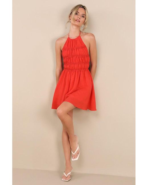 Lulus Red Kallina Ruffled Halter Neck Mini Dress