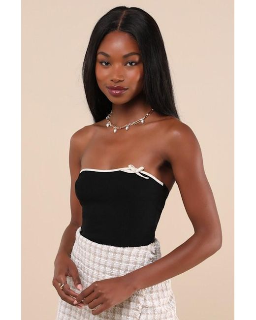 Motel Black Matuha And Cream Bow Strapless Crop Top