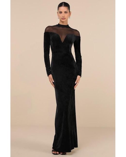 Lulus Black Exemplary Allure Velvet Mock Neck Long Sleeve Maxi Dress