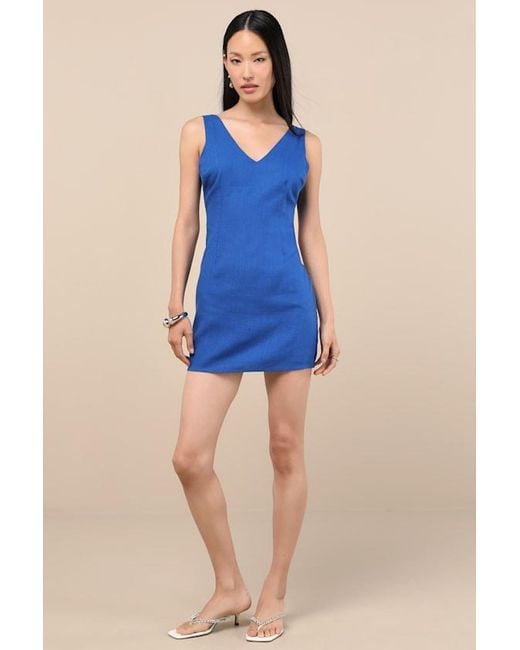 Lulus Blue Packing For Positano Linen Sleeveless Mini Dress