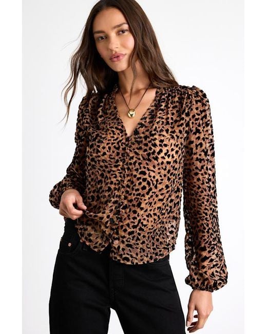 Lulus Brown Harielle Leopard Print Burnout Velvet Long Sleeve Blouse