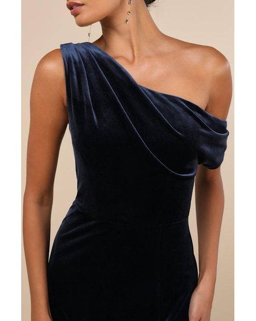 Lulus Blue Coveted Confidence Velvet Asymmetrical Maxi Dress