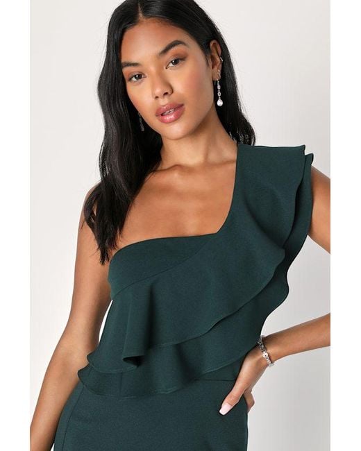 Lulus Blue Grand Beauty Emerald Ruffled One-Shoulder Mermaid Maxi Dress