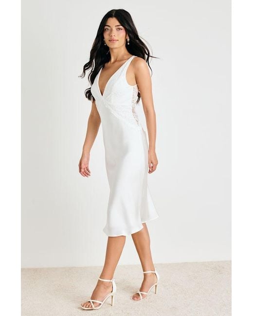 Lulus White Deloise Satin Lace Slip Midi Dress