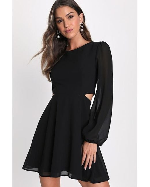 Lulus Black Garden Bliss Long Sleeve Cutout Mini Dress