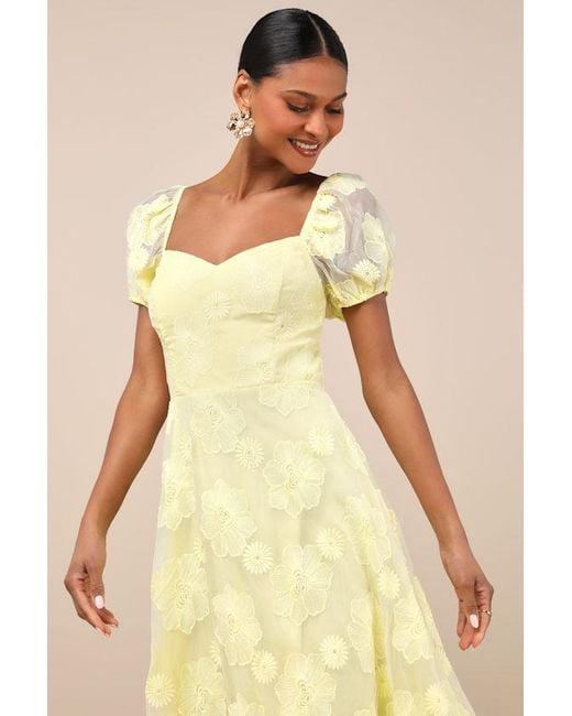 Lulus Yellow Sweetest Behavior Embroidered Puff Sleeve Midi Dress