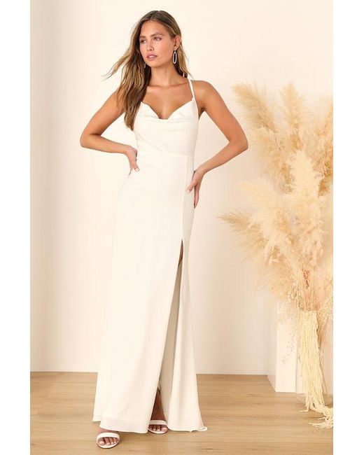 Lulus Natural Destined Romance Satin Cowl Neck Backless Maxi Dress