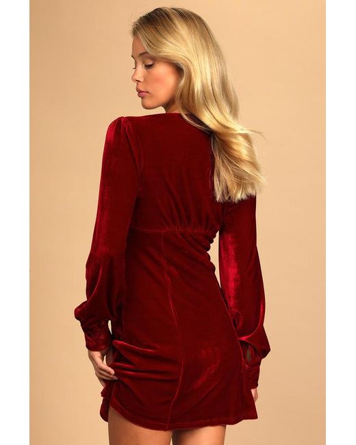 Lulus Red Make It Merry Wine Velvet Long Sleeve Button-Up Mini Dress