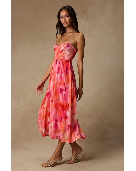Lulus Pink Aysel Abstract Strapless Bustier Midi Dress