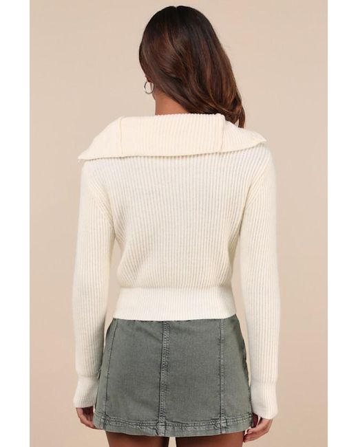 Lulus Natural Cozy Inclination Cropped Zip-Front Collared Sweater