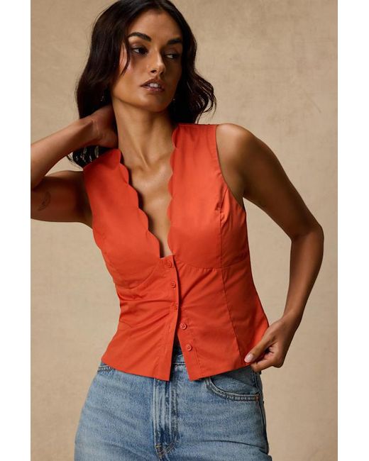 Lulus Orange Seasonally Lovely Scalloped Button-Front Poplin Top