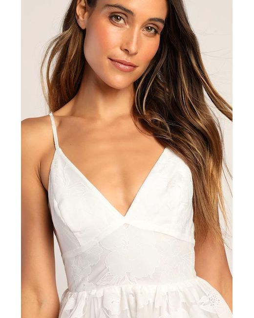 Lulus White Floral Feelings Floral Jacquard Babydoll Mini Dress