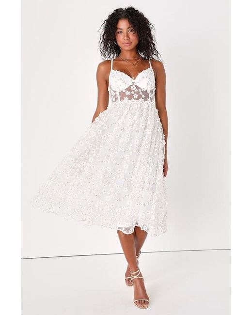 Lulus White Darling Romance Tulle Floral Applique Bustier Midi Dress