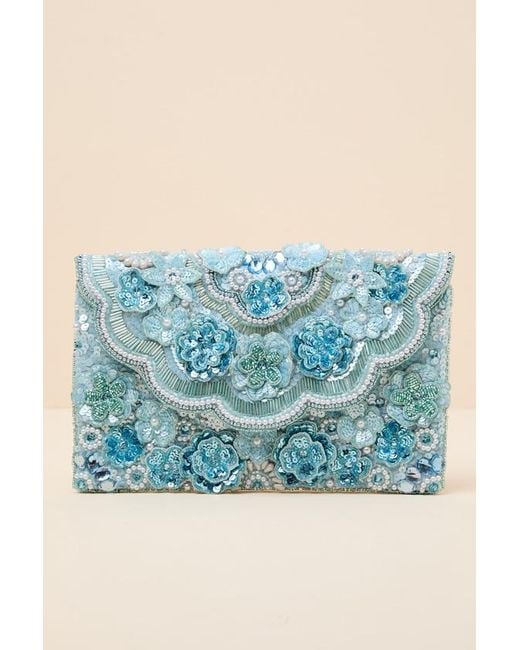 Lulus Blue Marlea Sequin Floral Crossbody Clutch