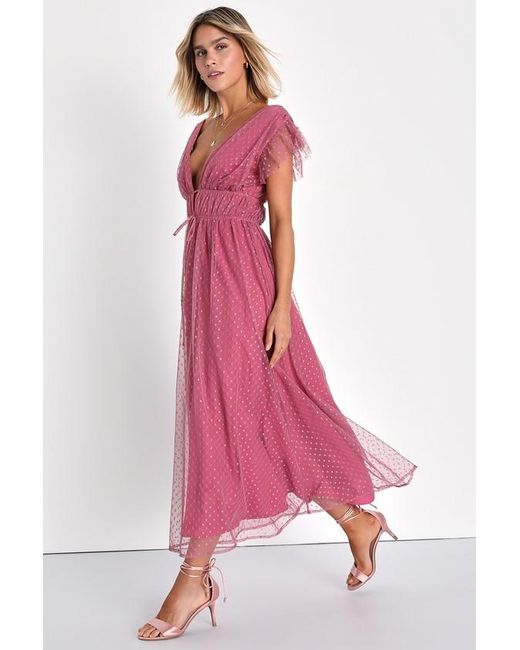 Lulus Pink Yours Evermore Swiss Dot Ruffled Midi Dress