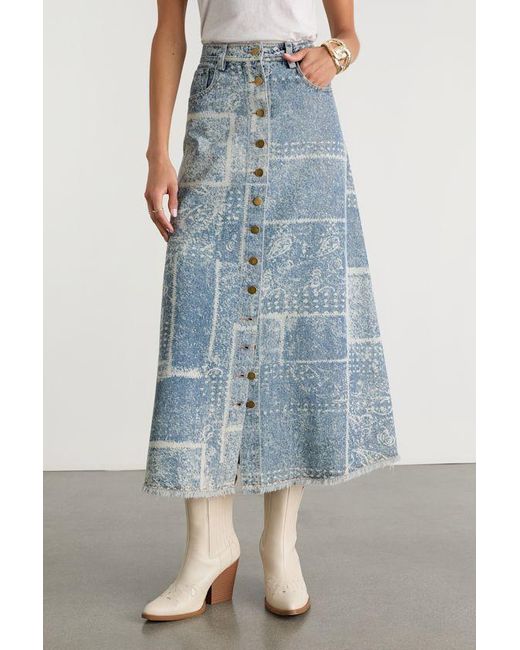 Lulus Blue Mckenzie Medium Wash Paisley Button-Front Denim Midi Skirt