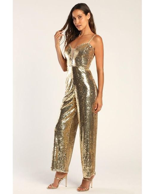 Lulus Natural Glamorous Stance Sequin Wide-Leg Jumpsuit