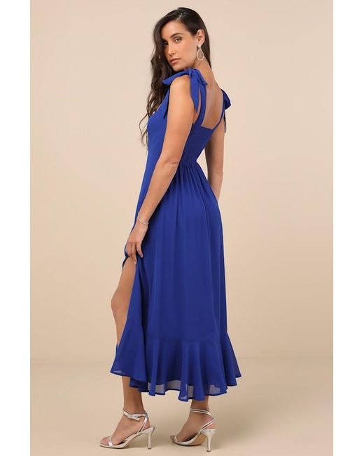 Lulus Blue Summer Invite Tie-Strap Tiered Midi Dress