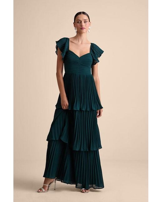 Lulus Black Notorious Charm Emerald Pleated Flutter Sleeve Maxi Dress