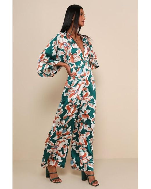 Lulus Blue From Sunrise Floral Print Wide-Leg Jumpsuit