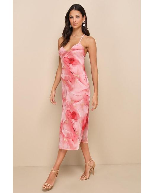 Lulus Pink Bright Charm Abstract Print Chiffon Slip Midi Dress