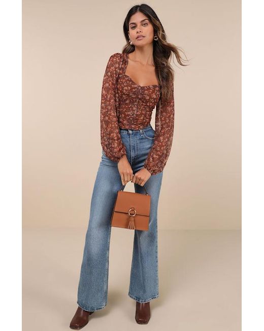 Lulus Blue Feeling So Cute Floral Mesh Balloon Sleeve Crop Top