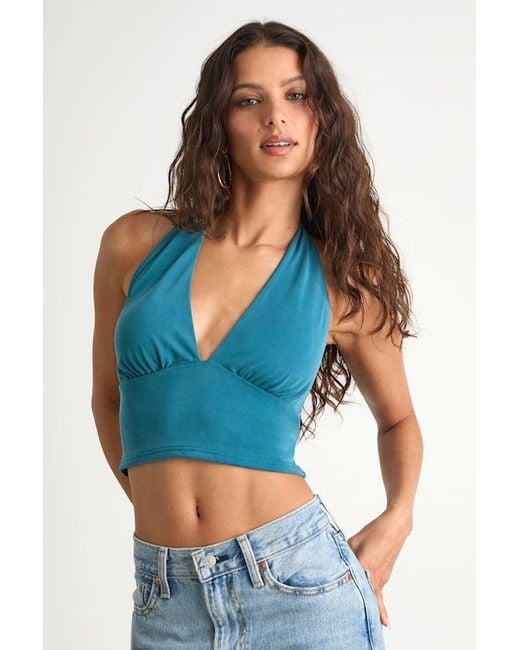 Lulus Blue Niyara Dark Jersey Knit Halter Crop Top