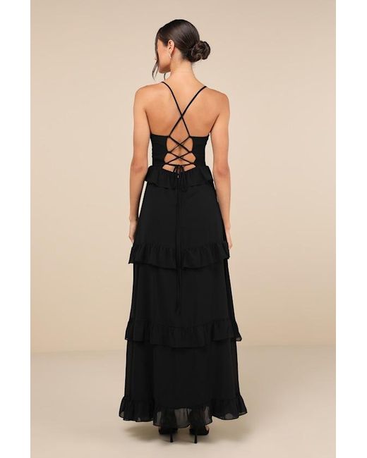 Lulus Black Captivating Class Ruffled Tiered Lace-Up Maxi Dress