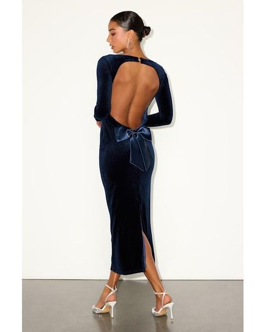 Lulus Verity Velvet Backless Long Sleeve Midi Dress in Blue