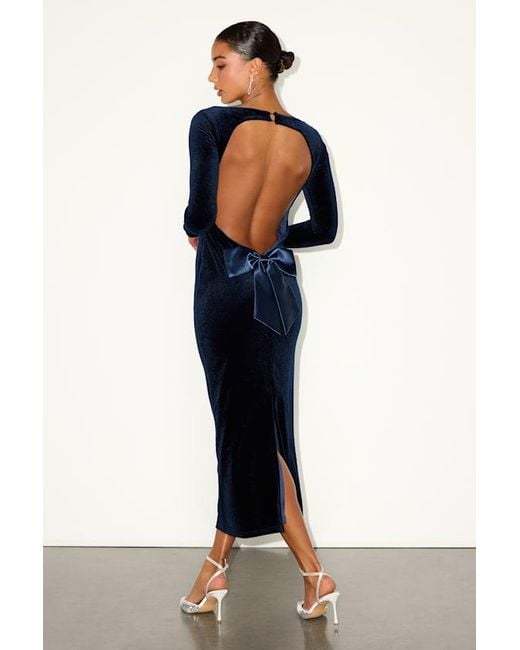 Lulus Verity Velvet Backless Long Sleeve Midi Dress in Blue | Lyst