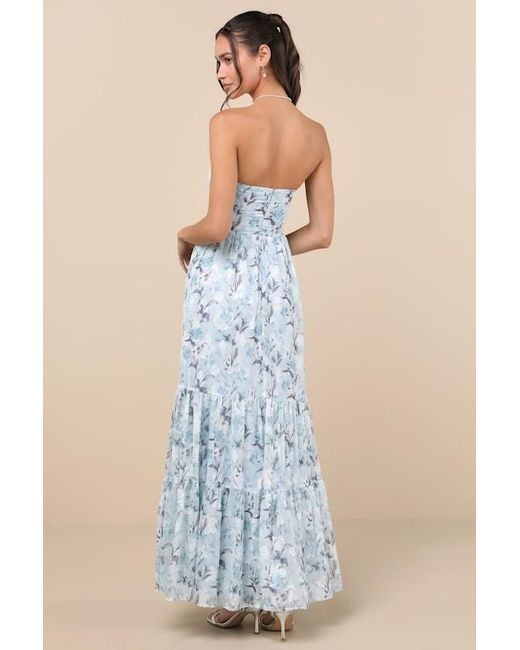Lulus Blue Special Moment Floral Strapless Bustier Maxi Dress