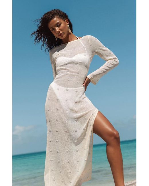 Lulus Natural Sunbeam Cream Crochet Sequin Maxi Swim Cover-Up