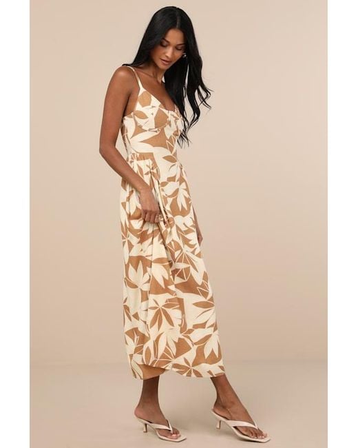 Lulus Natural Veris Cream And Floral Bustier Midi Dress