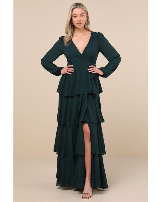 Lulus Marvelous Grace Emerald Long Sleeve Tiered Wrap Maxi Dress in Blue |  Lyst UK
