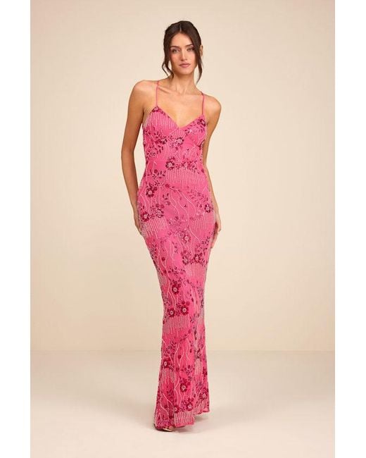 Lulus Pink Arella Beaded Sequin Laxe-Up Maxi Dress