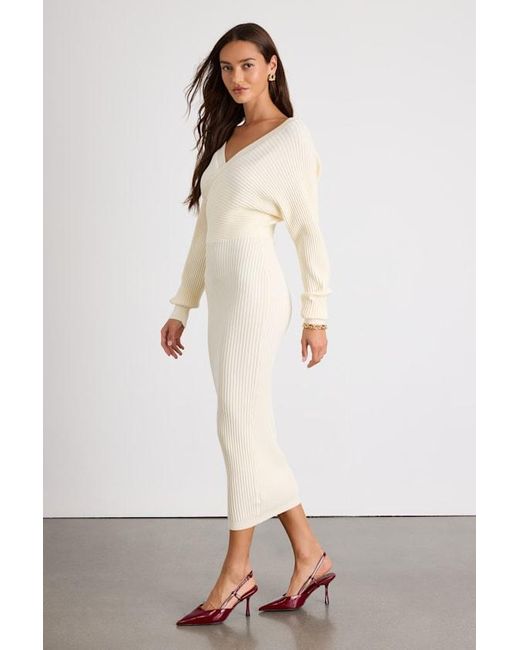 Lulus White Bixby Ribbed Surplice Bodycon Sweater Midi Dress