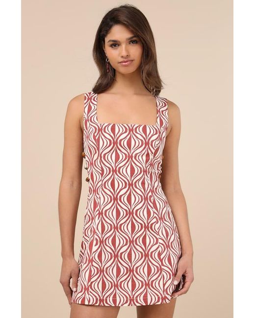 Lulus Pink Pollie Rust And Cream Print Beaded Linen Sleeveless Mini Dress