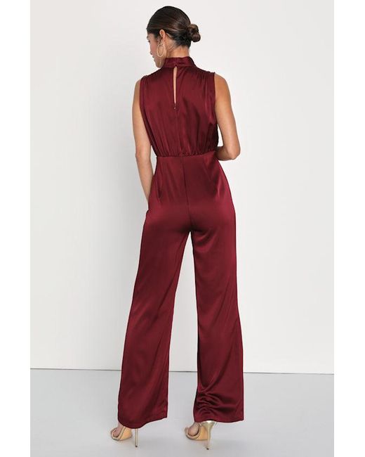 Lulus Red Classic Elegance Satin Sleeveless Mock Neck Jumpsuit