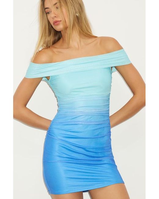 Lulus Aeliana Aqua Ombre Mesh Off-The-Shoulder Ruched Mini Dress in Blue |  Lyst