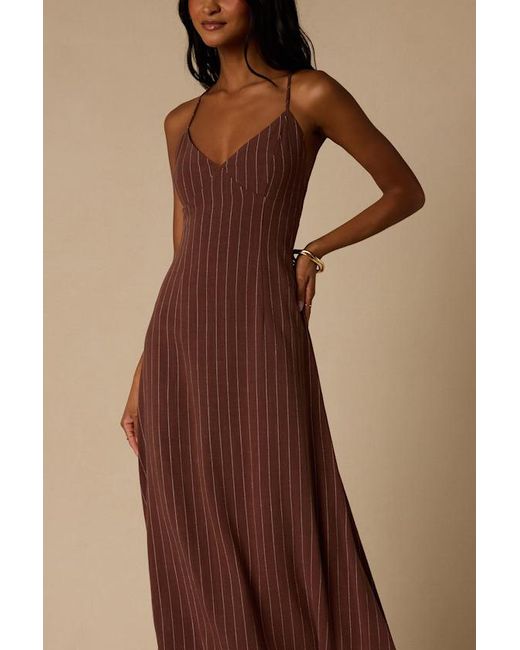 Lulus Brown Lilly Pinstriped Tie-Back Midi Dress