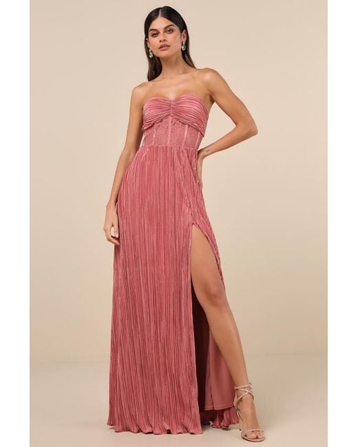 Lulus Red Desme Rose Satin Plisse Strapless Maxi Dress