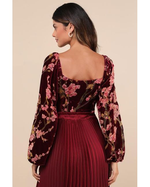 Lulus Red Luxe Romance Velvet Floral Burnout Long Sleeve Bodysuit