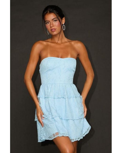 Lulus Black Sweet Perception Lace Strapless Tiered Mini Dress