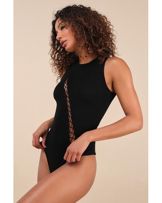 Lulus Black Jalani Ribbed Cutout Sleeveless Bodysuit