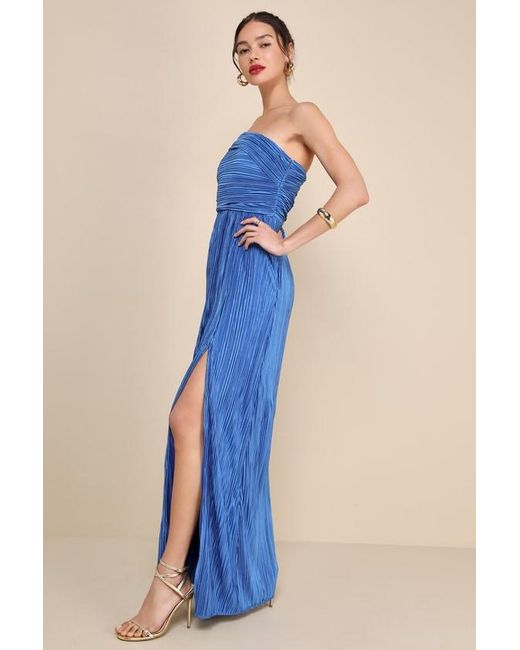 Lulus Blue Poised Performance Plisse One-Shoulder Maxi Dress