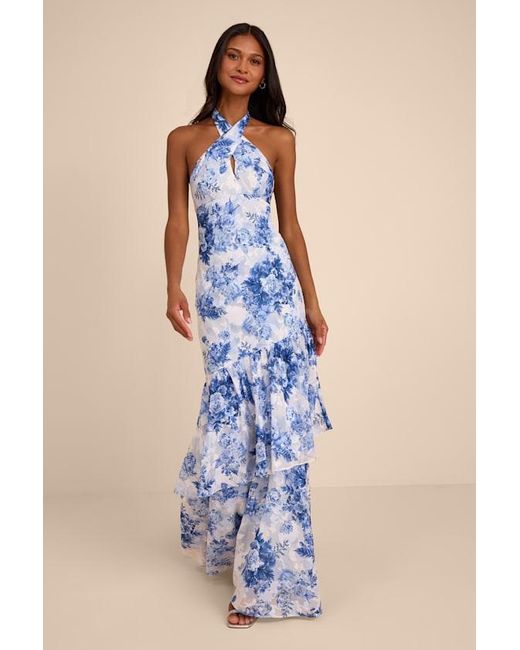 Lulus Blue Eloria And Floral Halter Maxi Dress