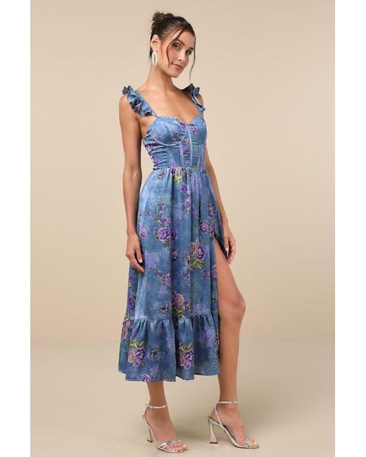 Lulus Blue Sweet Like Sangria Floral Ruffled Bustier Midi Dress