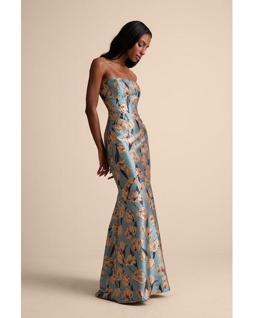 Lulus Natural Gowning Around Floral Jacquard Strapless Maxi Dress