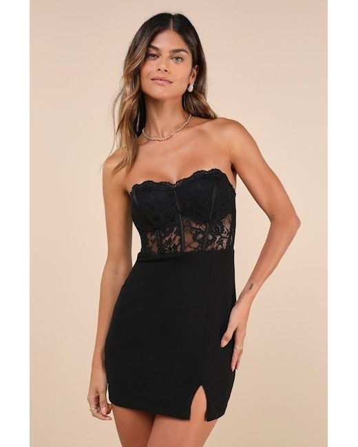 Lulus Black Sultry Persona Lace Strapless Bustier Bodycon Mini Dress